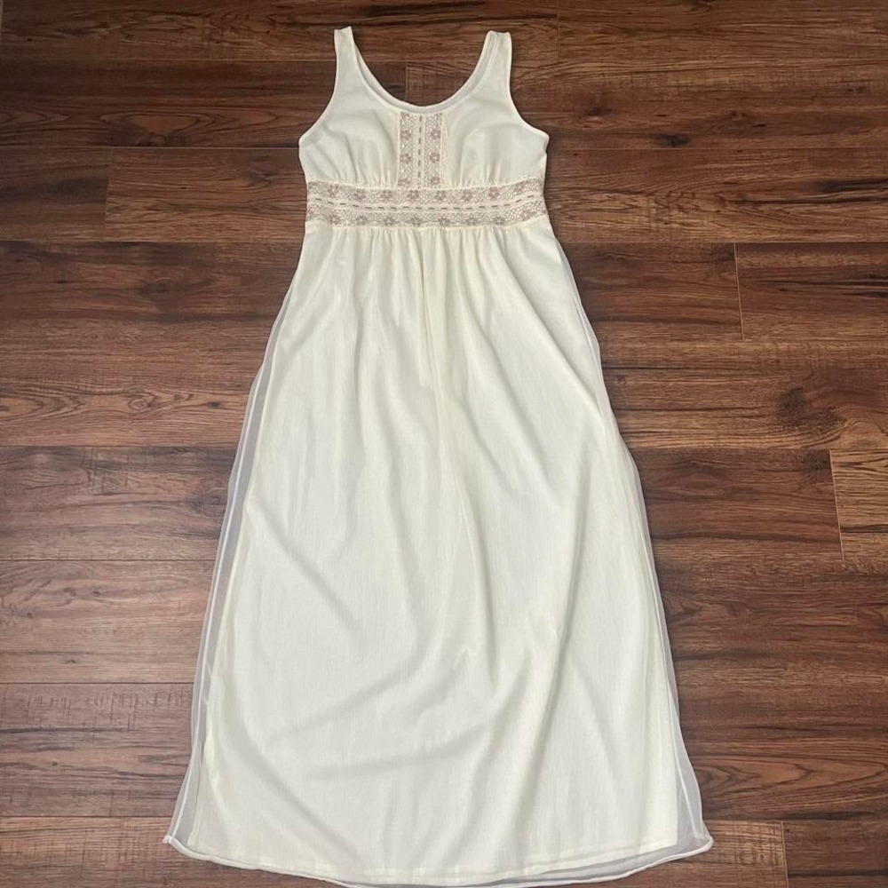 Vintage Cream Maxi Slip Dress 70s Lace Empire Waist Women Small‎ Coquette Bridal